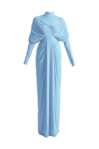 Kenny Baby Blue High-Neck Draped Gown by Deme By Gabriella, available on Indiaspopup.com