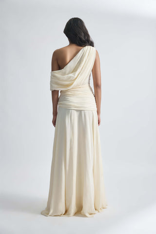 Gemma Off-White Crepe Gown by Deme By Gabriella, available on Indiaspopup.com