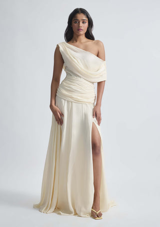 Gemma Off-White Crepe Gown by Deme By Gabriella, available on Indiaspopup.com