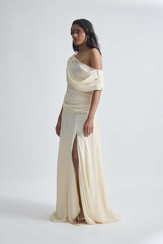 Gemma Off-White Crepe Gown by Deme By Gabriella, available on Indiaspopup.com