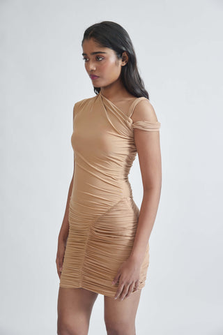 Amadea Hazelnut Ruched Short Dress by Deme By Gabriella, available on Indiaspopup.com