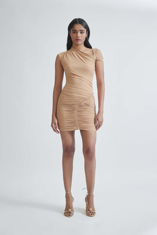 Amadea Hazelnut Ruched Short Dress by Deme By Gabriella, available on Indiaspopup.com