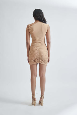 Amadea Hazelnut Ruched Short Dress by Deme By Gabriella, available on Indiaspopup.com