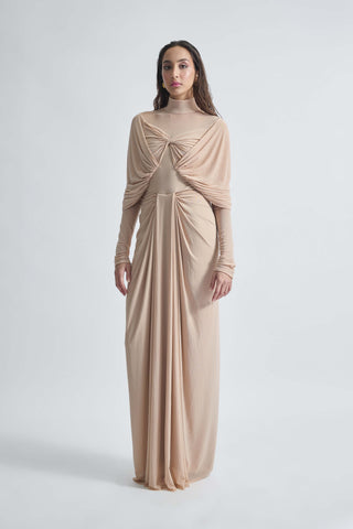 Kenny Beige High-Neck Draped Gown by Deme By Gabriella, available on Indiaspopup.com