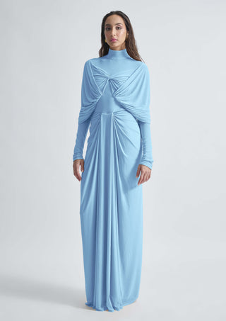 Kenny Baby Blue High-Neck Draped Gown by Deme By Gabriella, available on Indiaspopup.com