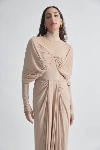 Kenny Beige High-Neck Draped Gown by Deme By Gabriella, available on Indiaspopup.com