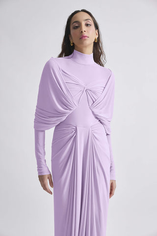 Kenny Lilac Blue High-Neck Draped Gown by Deme By Gabriella, available on Indiaspopup.com