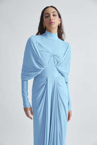 Kenny Baby Blue High-Neck Draped Gown by Deme By Gabriella, available on Indiaspopup.com