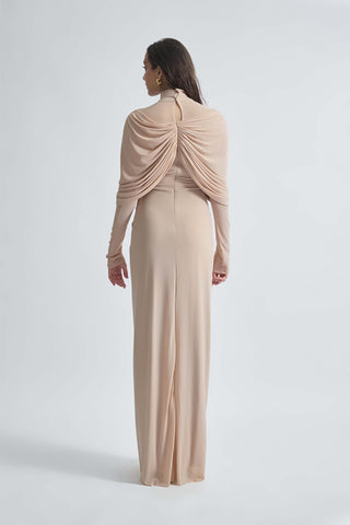 Kenny Beige High-Neck Draped Gown by Deme By Gabriella, available on Indiaspopup.com