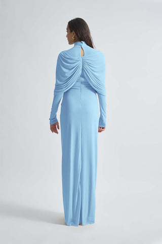 Kenny Baby Blue High-Neck Draped Gown by Deme By Gabriella, available on Indiaspopup.com