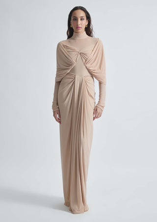 Kenny Beige High-Neck Draped Gown by Deme By Gabriella, available on Indiaspopup.com