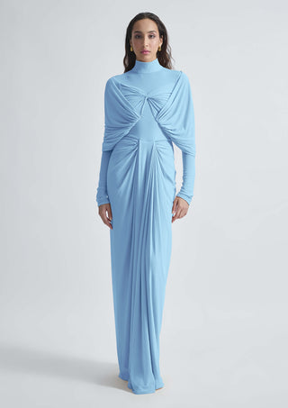 Kenny Baby Blue High-Neck Draped Gown by Deme By Gabriella, available on Indiaspopup.com