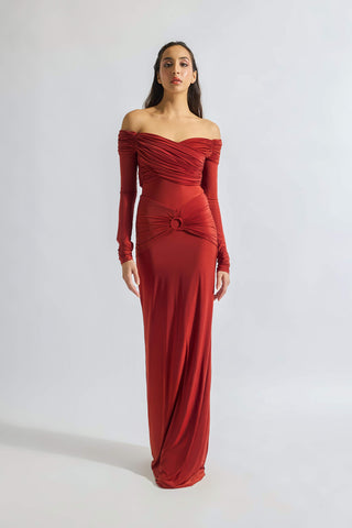 Giulia Brick Red Gown by Deme By Gabriella, available on Indiaspopup.com