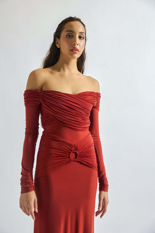 Giulia Brick Red Gown by Deme By Gabriella, available on Indiaspopup.com