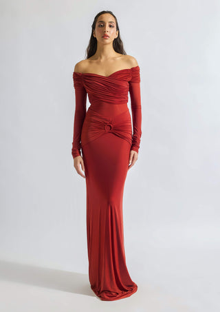 Giulia Brick Red Gown by Deme By Gabriella, available on Indiaspopup.com