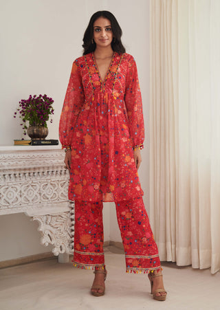 Kesh bright red floral kurta and pants