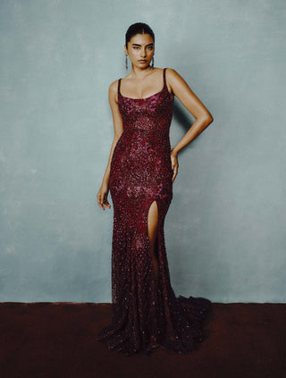 Wine celestia sequin gown