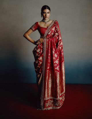 Roselle banarasi blood red sari set