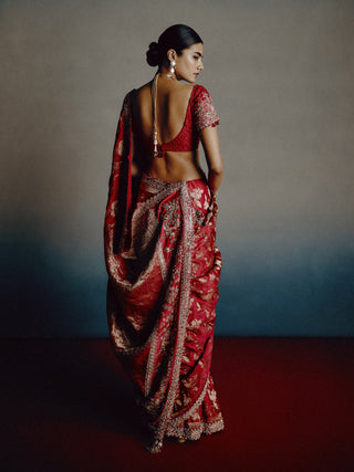Roselle banarasi blood red sari set