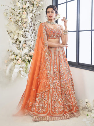 Disha Muchhala Pushpkali Rust Orange Lehenga Set available on indiaspopup