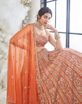 Disha Muchhala Pushpkali Rust Orange Lehenga Set available on indiaspopup