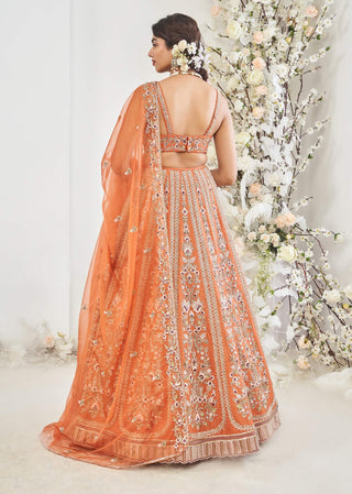 Disha Muchhala Pushpkali Rust Orange Lehenga Set available on indiaspopup