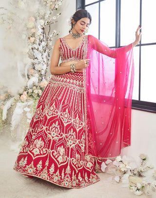 Disha Muchhala Jumar Gracious Red Pink Lehenga Set available on indiaspopup