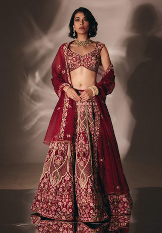 Cherry red zardosi bridal lehenga set