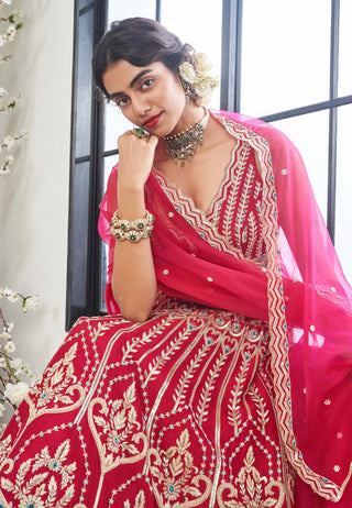 Disha Muchhala Jumar Gracious Red Pink Lehenga Set available on indiaspopup