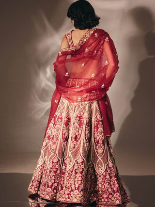 Cherry red zardosi bridal lehenga set