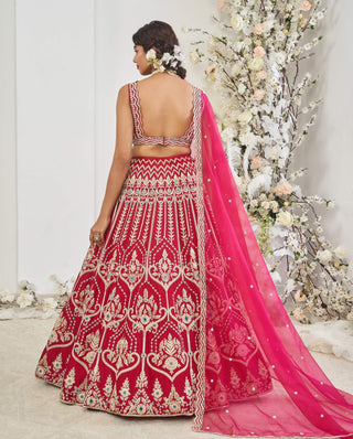 Disha Muchhala Jumar Gracious Red Pink Lehenga Set available on indiaspopup