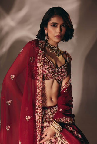Cherry red zardosi bridal lehenga set