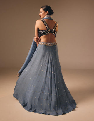 Dusty blue organza velvet lehenga set