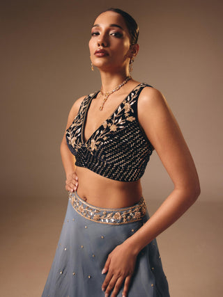 Dusty blue organza velvet lehenga set