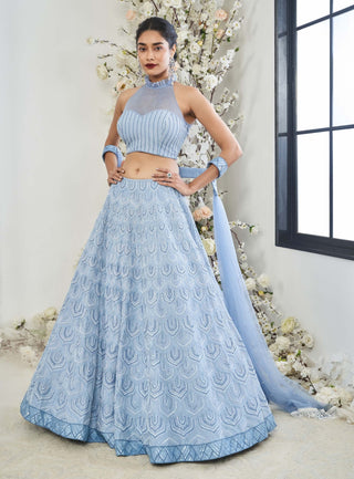 Disha Muchhala Maze English Blue Lehenga Set available on indiaspopup