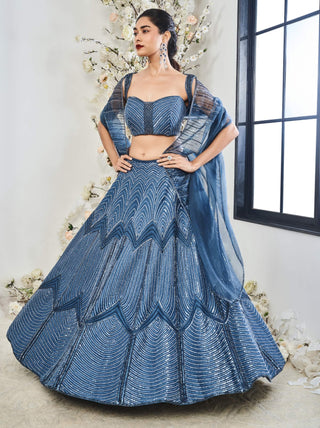 Disha Muchhala Wood Dusty Blue Lehenga Set available on indiaspopup