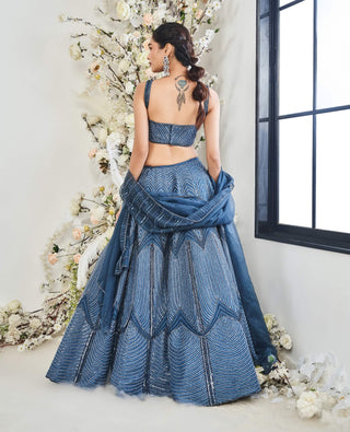 Disha Muchhala Wood Dusty Blue Lehenga Set available on indiaspopup