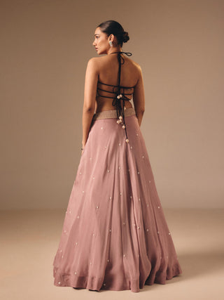 Wine organza velvet lehenga set