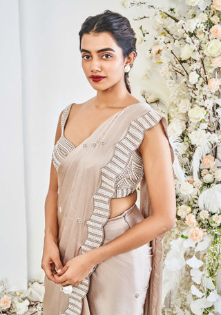 Disha Muchhala Pearl Cream Beige Draped Sari And Blouse available on indiaspopup