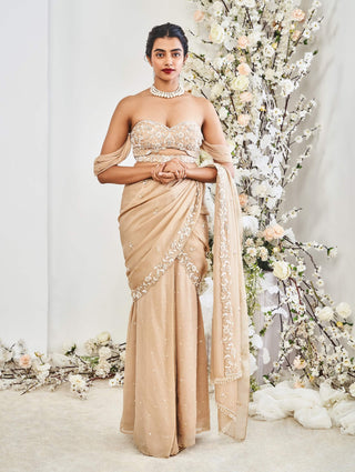 Disha Muchhala Beige Draped Sari And Blouse available on indiaspopup