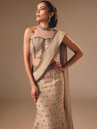 Gray organza draped lehenga saree