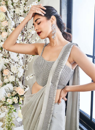 Disha Muchhala Crystal Gray Draped Sari And Blouse available on indiaspopup