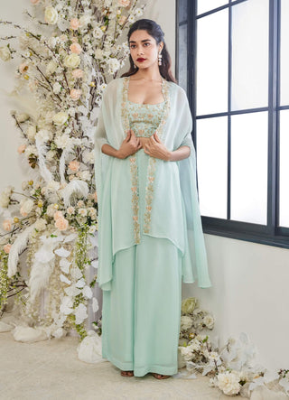 Disha Muchhala Turquoise Lotus Palazzo And Cape Set available on indiaspopup