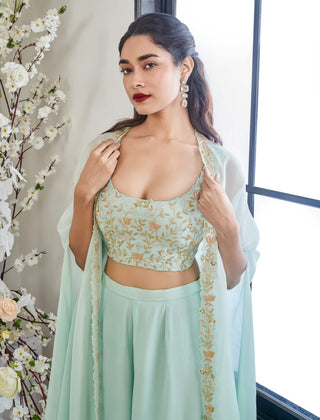 Disha Muchhala Turquoise Lotus Palazzo And Cape Set available on indiaspopup