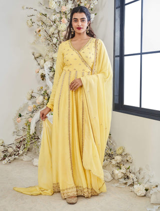 Disha Muchhala Yellow Regal Silk Anarkali And Dupatta available on indiaspopup