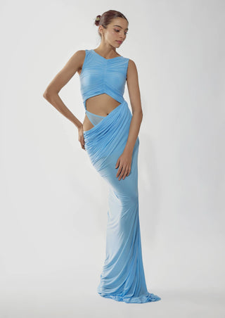 Deme By Gabriella-Blue Bodysuit Gown-INDIASPOPUP.COM