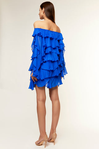 Deme By Gabriella-Blue Chiffon Ruffle Dress-INDIASPOPUP.COM