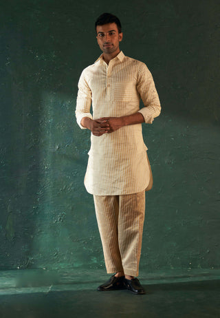 Charkhee Men-White Tissue Kurta And Nehru Jacket Set-INDIASPOPUP.COM