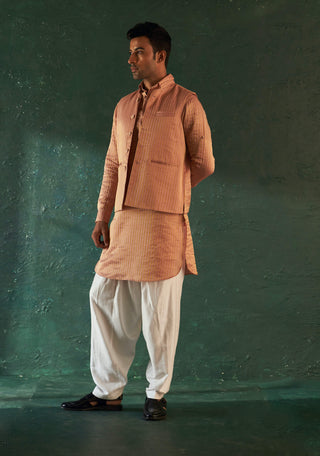 Charkhee Men-Rose Pink Tissue Kurta And Nehru Jacket Set-INDIASPOPUP.COM