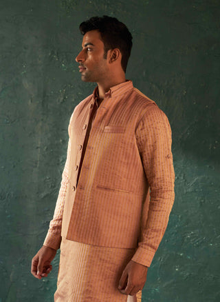 Charkhee Men-Rose Pink Tissue Kurta And Nehru Jacket Set-INDIASPOPUP.COM